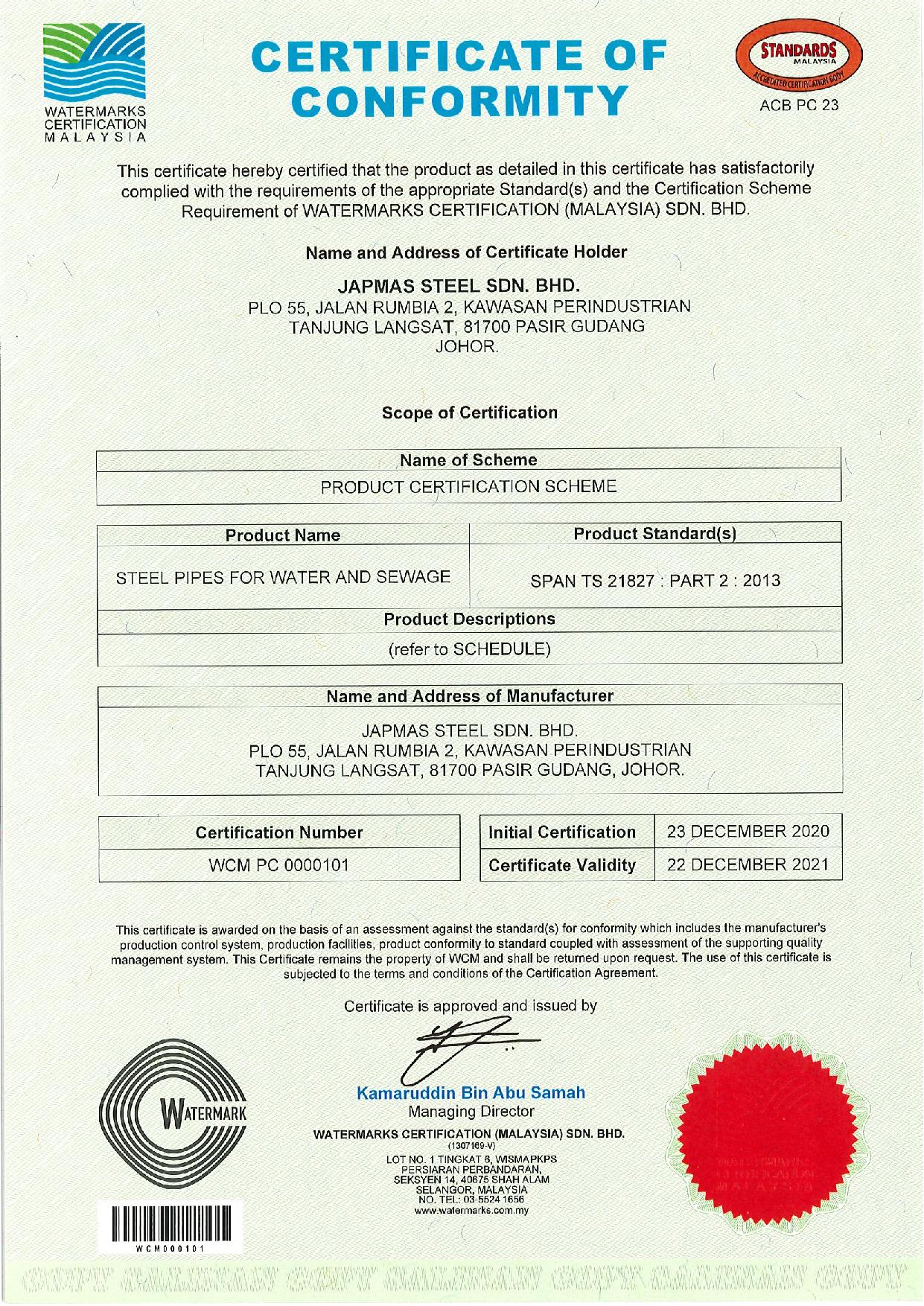 Certificate Of Conformity - Span TS 21827-1